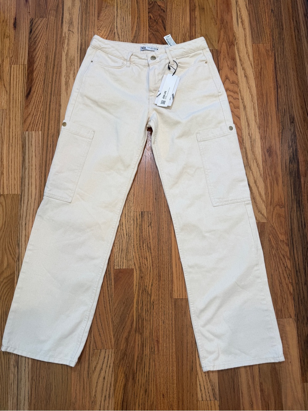 Zara NWT Cream Cotton Cargo Pants Straight Leg Utility Pockets Size 6 28
